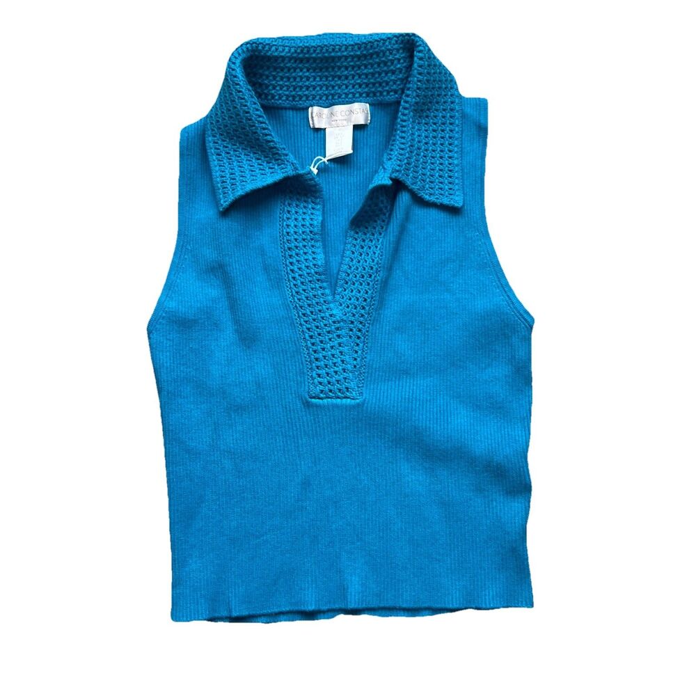 Caroline‎ Constas Blue ribbed crochet Knit V-Neck Crop Top designer NWT Small